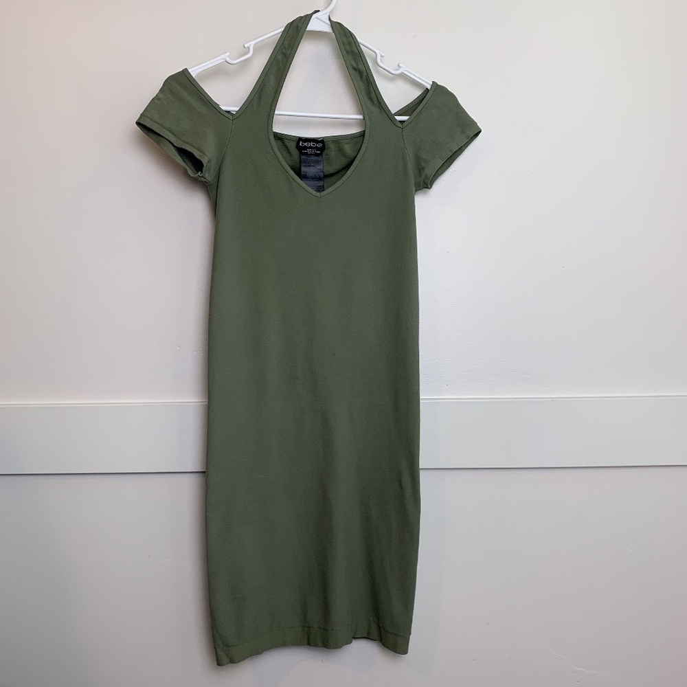 Bebe Dusty Olive Seamless Bodycon Halter & Off The Shoulder Dress